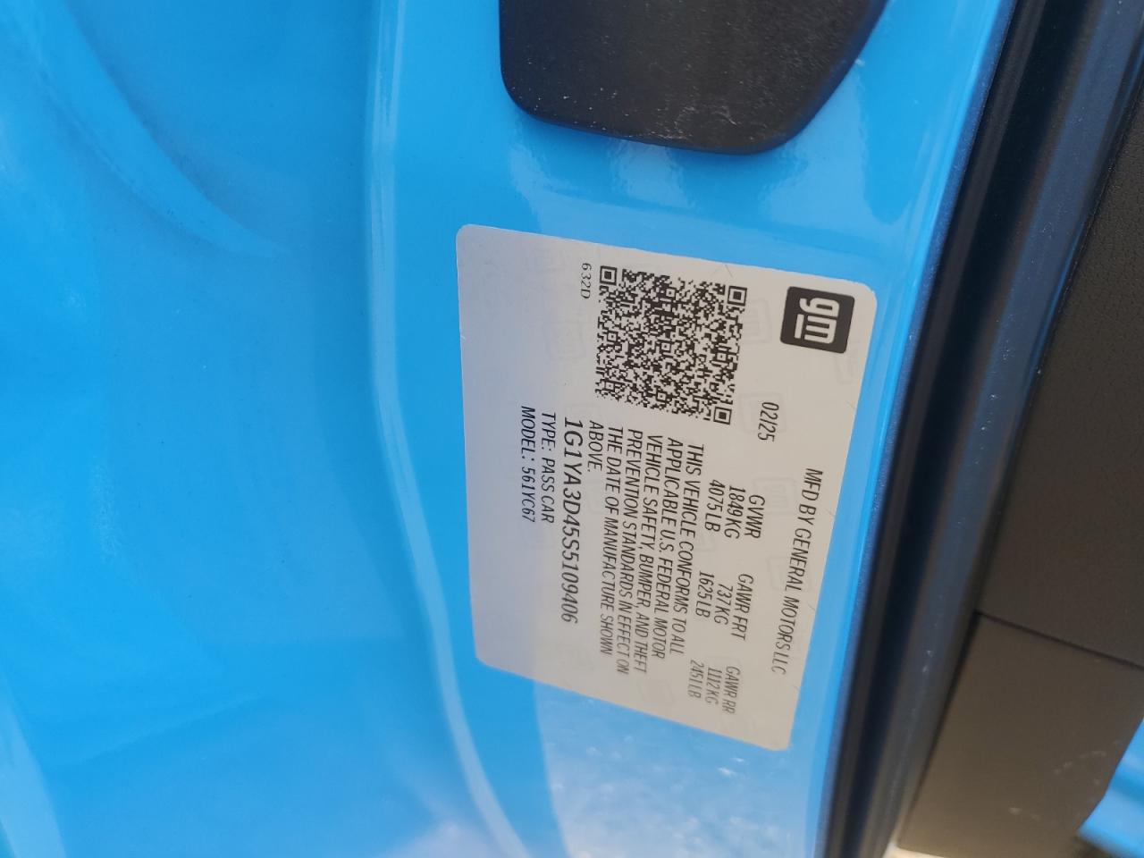 2025 Chevrolet Corvette Stingray 1Lt VIN: 1G1YA3D45S5109406 Lot: 87064635