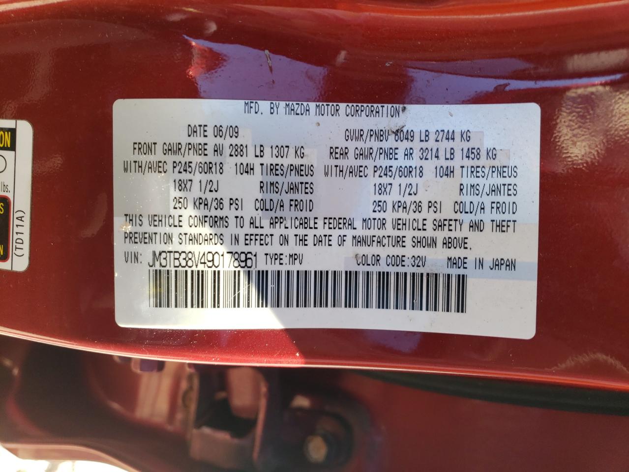 2009 Mazda Cx-9 VIN: JM3TB38V490178961 Lot: 85701205