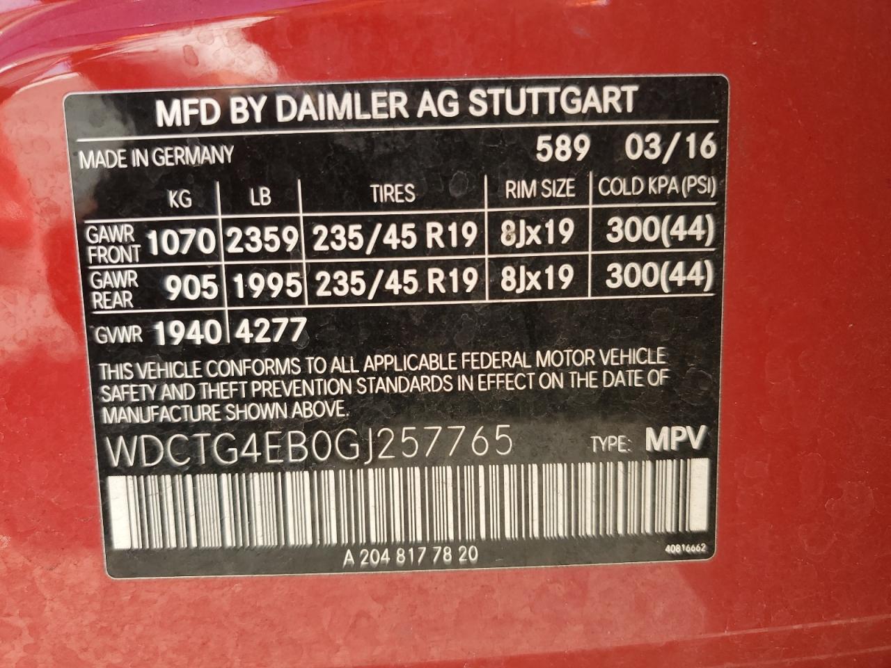 2016 Mercedes-Benz Gla 250 VIN: WDCTG4EB0GJ257765 Lot: 82358605