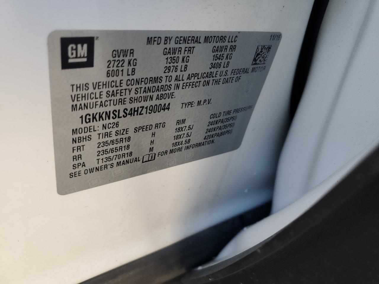 2017 GMC Acadia Sle VIN: 1GKKNSLS4HZ190044 Lot: 81900725