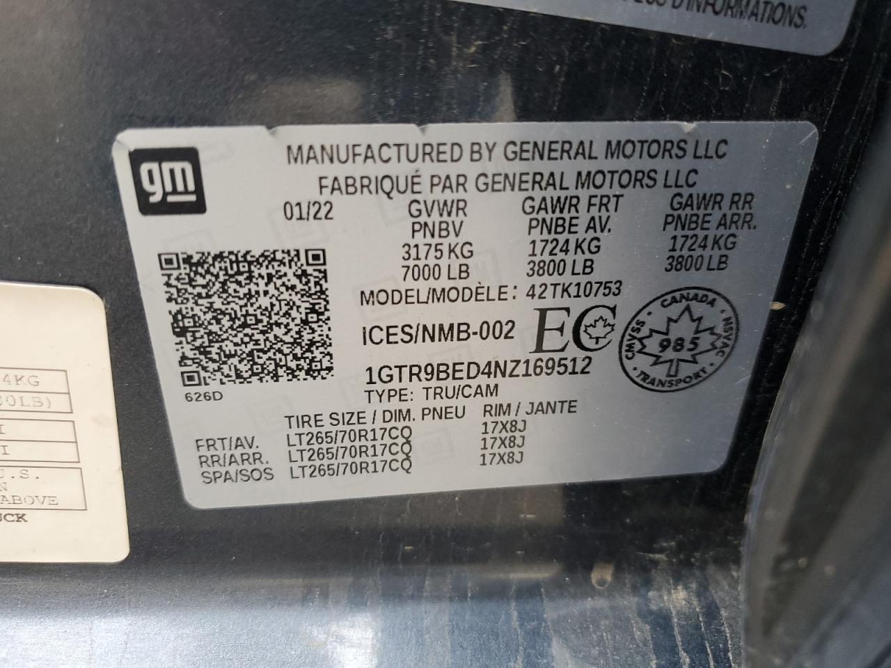 2022 GMC Sierra Limited K1500 Sle VIN: 1GTR9BED4NZ169512 Lot: 96301575