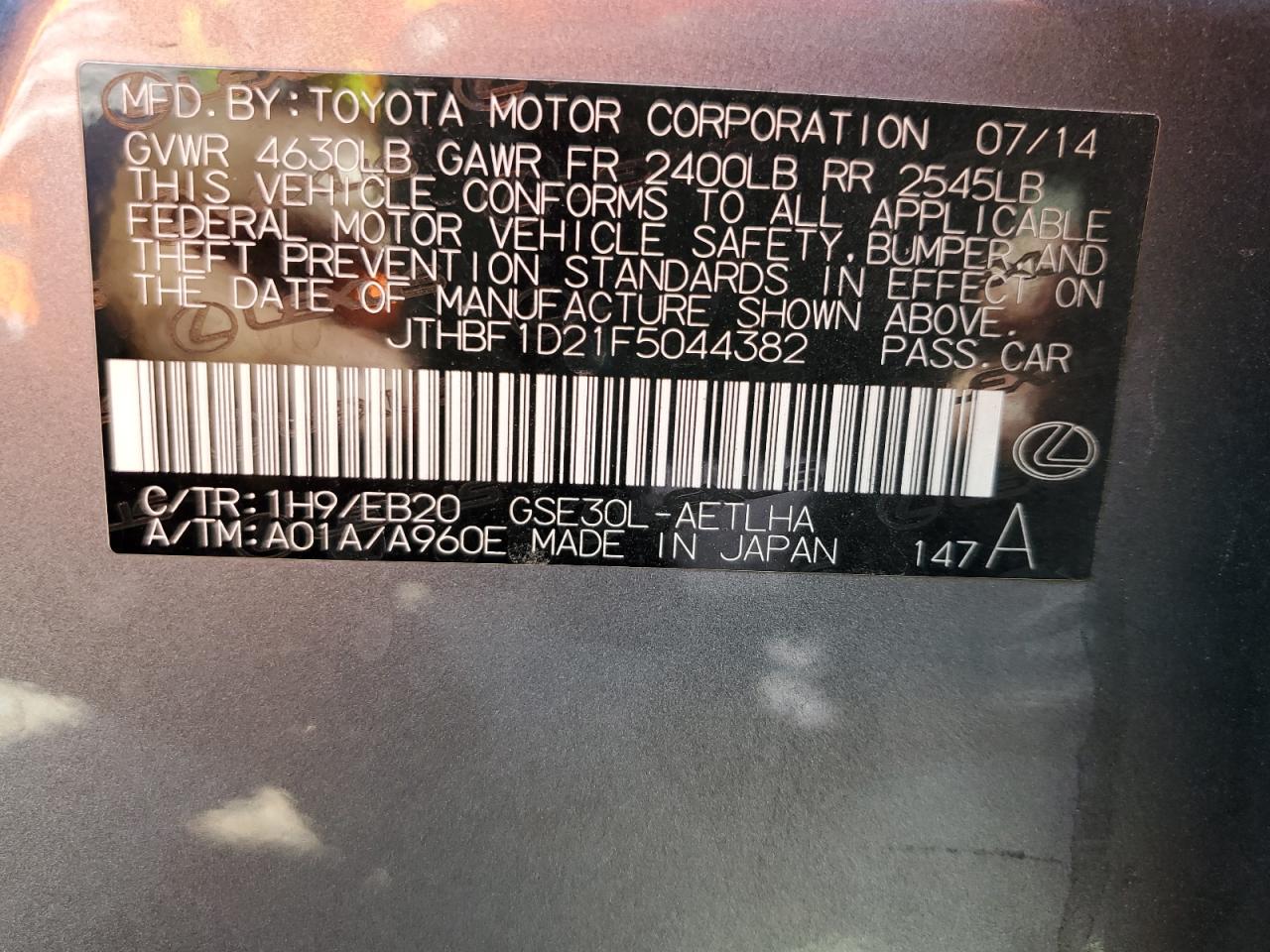 2015 Lexus Is 250 VIN: JTHBF1D21F5044382 Lot: 85906525