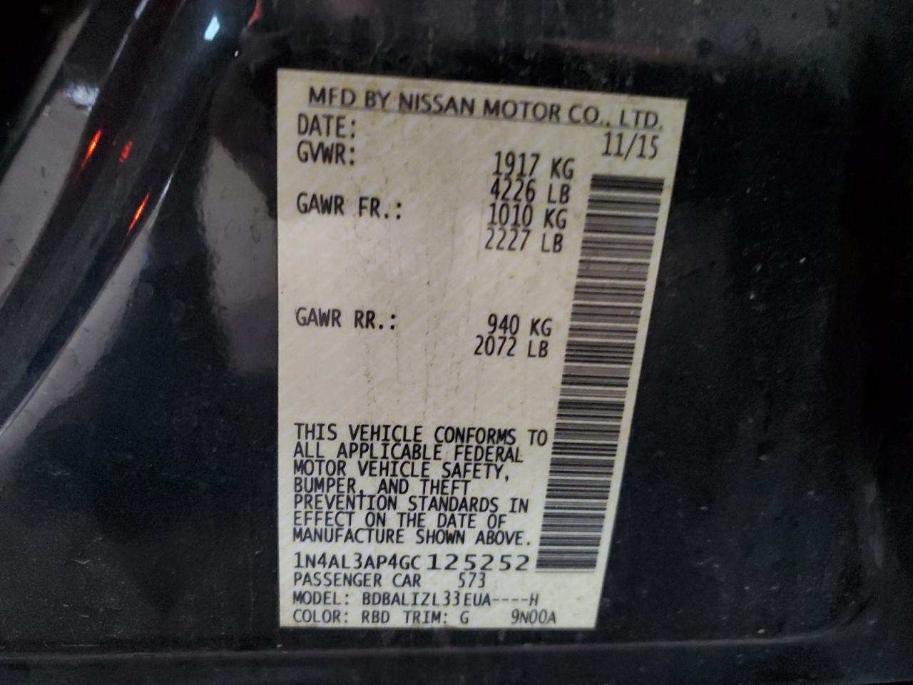 2016 Nissan Altima 2.5 VIN: 1N4AL3AP4GC125252 Lot: 82415755