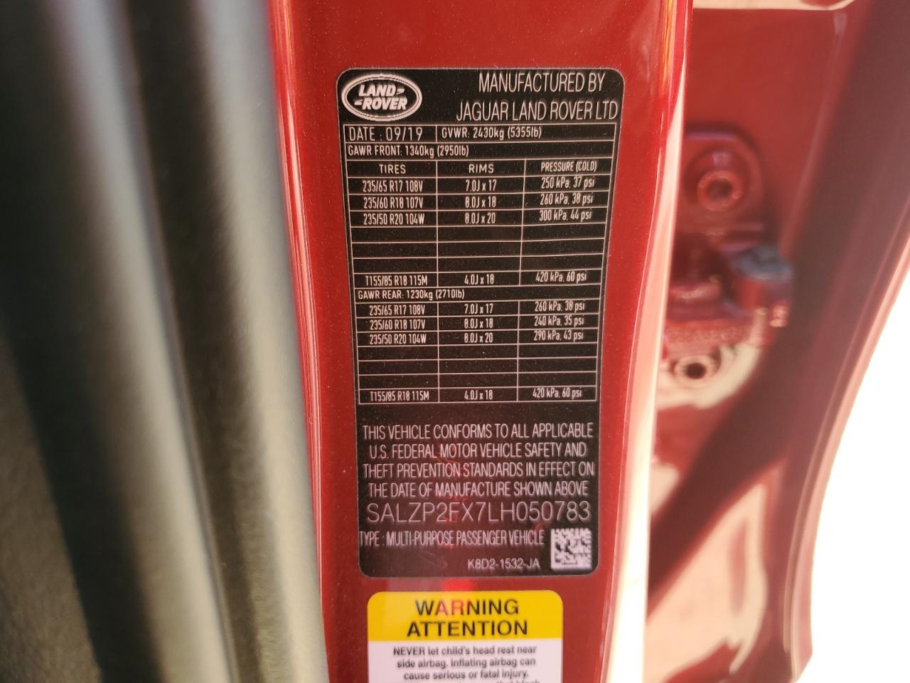 2020 Land Rover Range Rover Evoque Se VIN: SALZP2FX7LH050783 Lot: 89808585