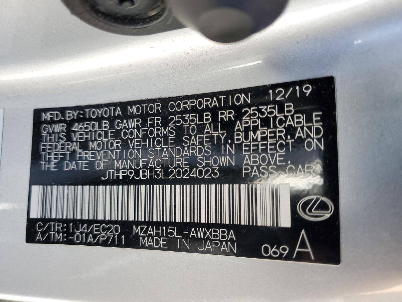 2020 Lexus Ux 250H VIN: JTHP9JBH3L2024023 Lot: 85428435