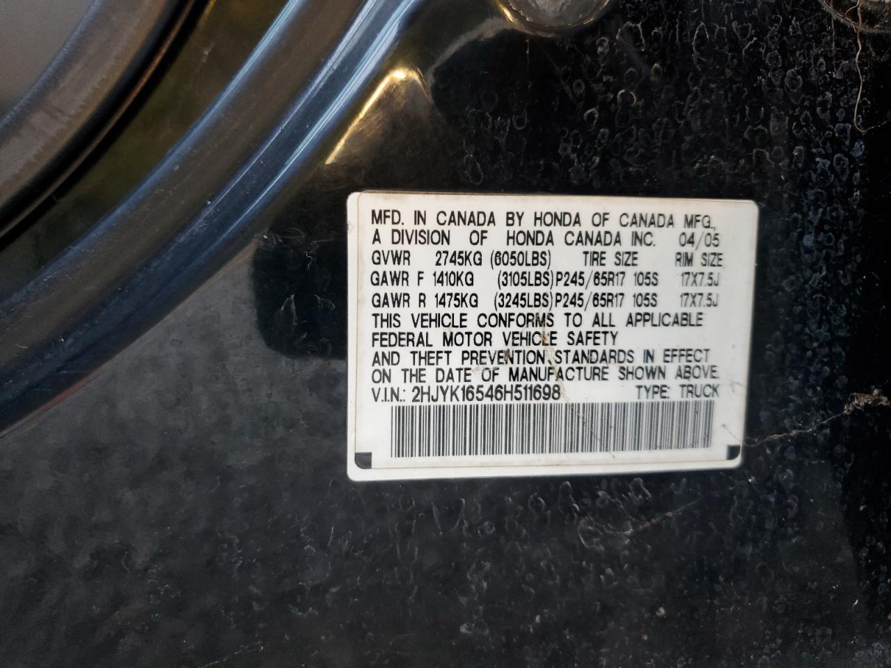 2006 Honda Ridgeline Rtl VIN: 2HJYK16546H511698 Lot: 87075675