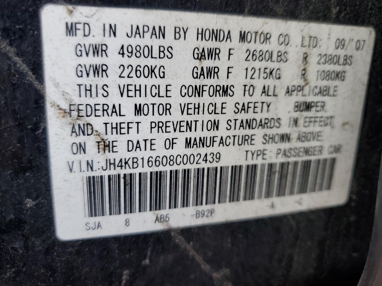 2008 Acura Rl VIN: JH4KB16608C002439 Lot: 85128955