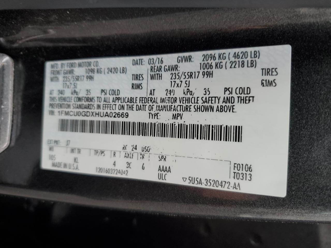 2017 Ford Escape Se VIN: 1FMCU0GDXHUA02669 Lot: 85766185