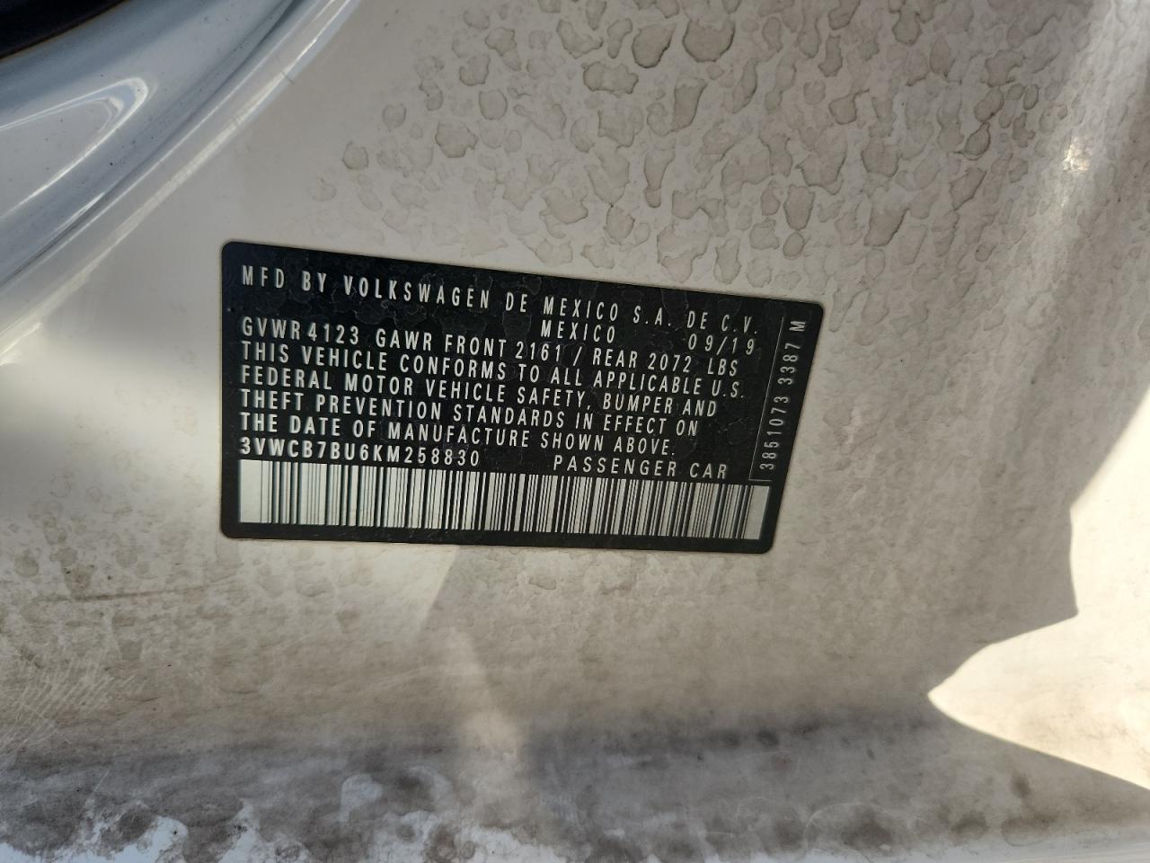 2019 Volkswagen Jetta S VIN: 3VWCB7BU6KM258830 Lot: 85568795