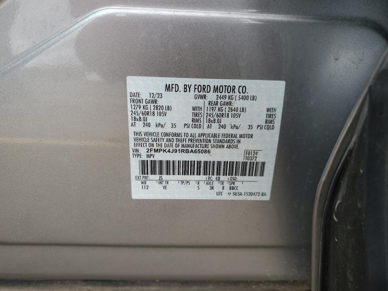 2024 Ford Edge Sel VIN: 2FMPK4J91RBA65086 Lot: 87073185