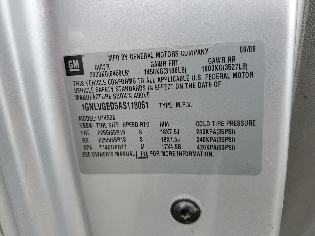 2010 Chevrolet Traverse Lt VIN: 1GNLVGED5AS118061 Lot: 84793445