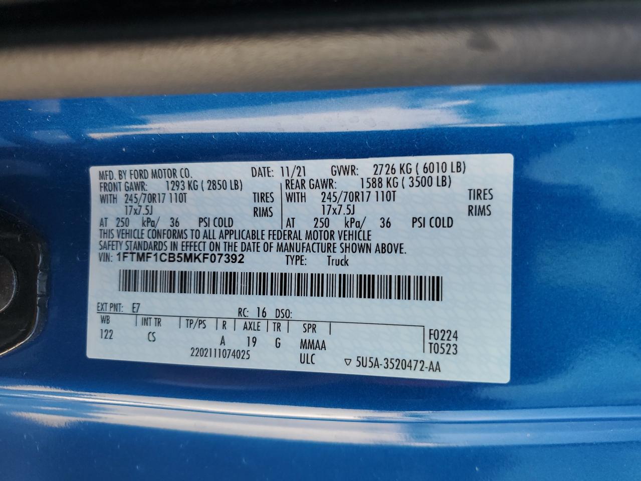 2021 Ford F150 VIN: 1FTMF1CB5MKF07392 Lot: 89686305