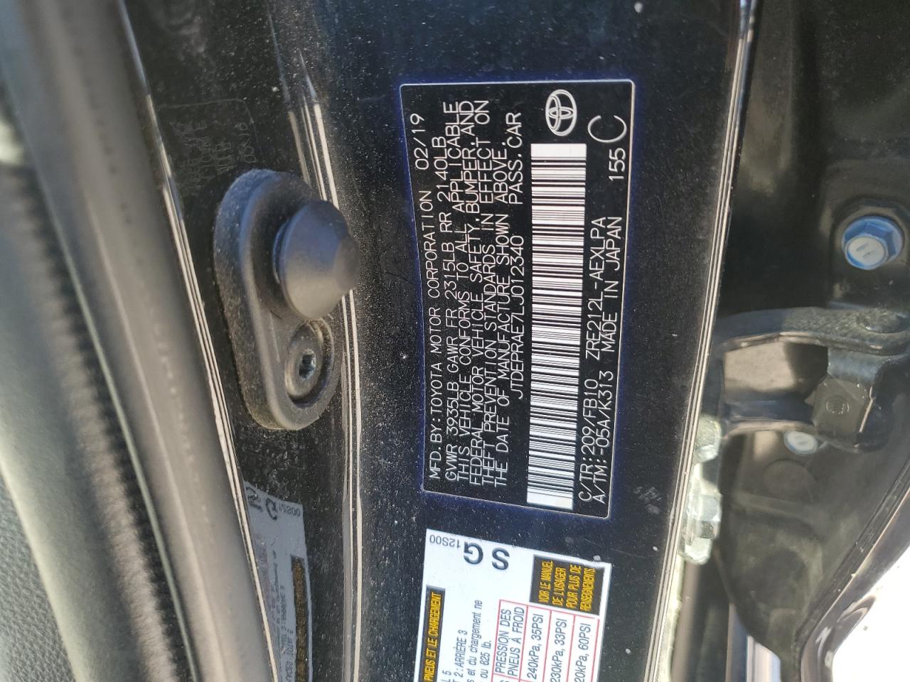 2020 Toyota Corolla Le VIN: JTDEPRAE7LJ012340 Lot: 85744375