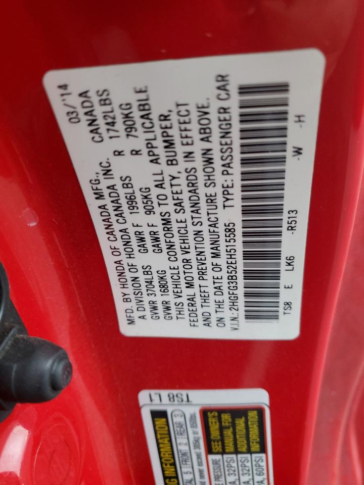 2014 Honda Civic Lx VIN: 2HGFG3B52EH515585 Lot: 81614825