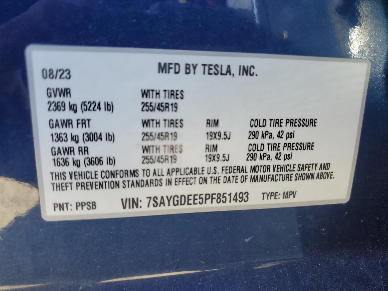 2023 Tesla Model Y VIN: 7SAYGDEE5PF851493 Lot: 87118245
