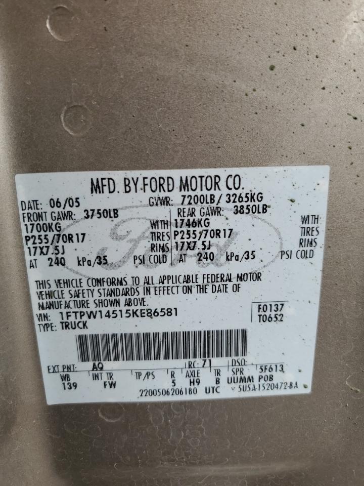2005 Ford F150 Supercrew VIN: 1FTPW14515KE86581 Lot: 86092365