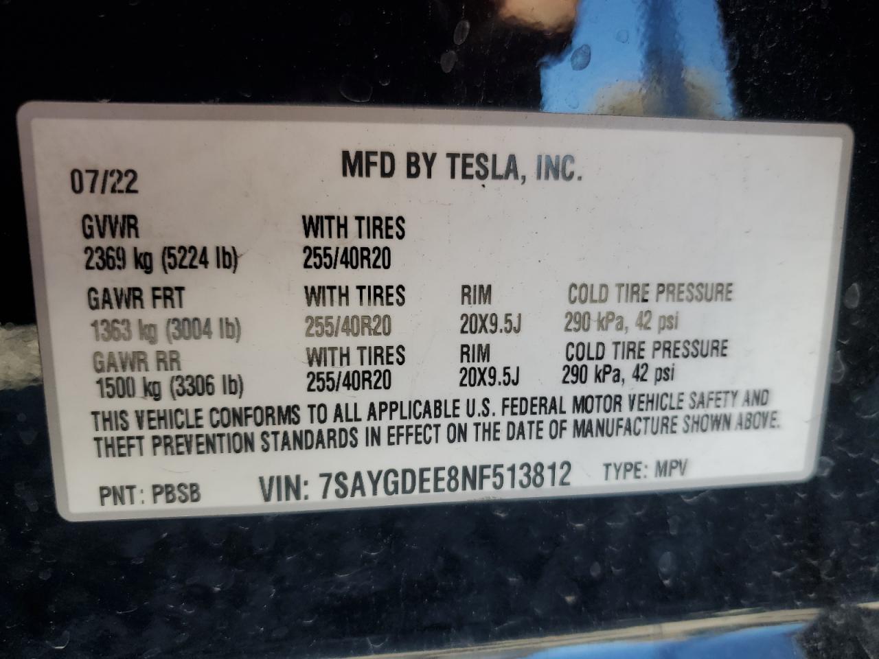 2022 Tesla Model Y VIN: 7SAYGDEE8NF513812 Lot: 90054265