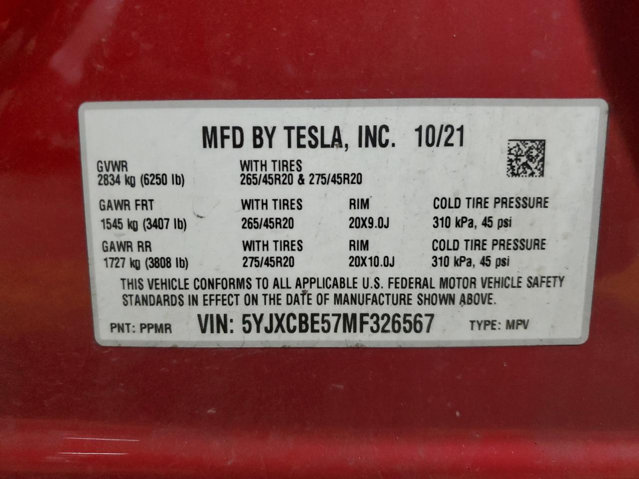 2021 Tesla Model X VIN: 5YJXCBE57MF326567 Lot: 86663125