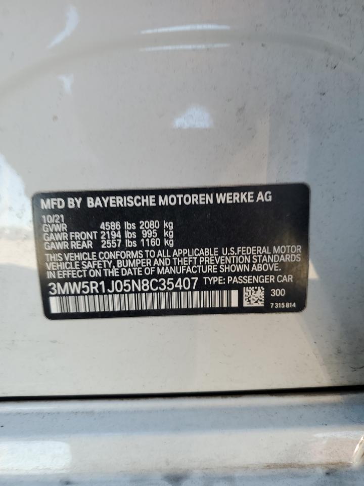 2022 BMW 330I VIN: 3MW5R1J05N8C35407 Lot: 90136515