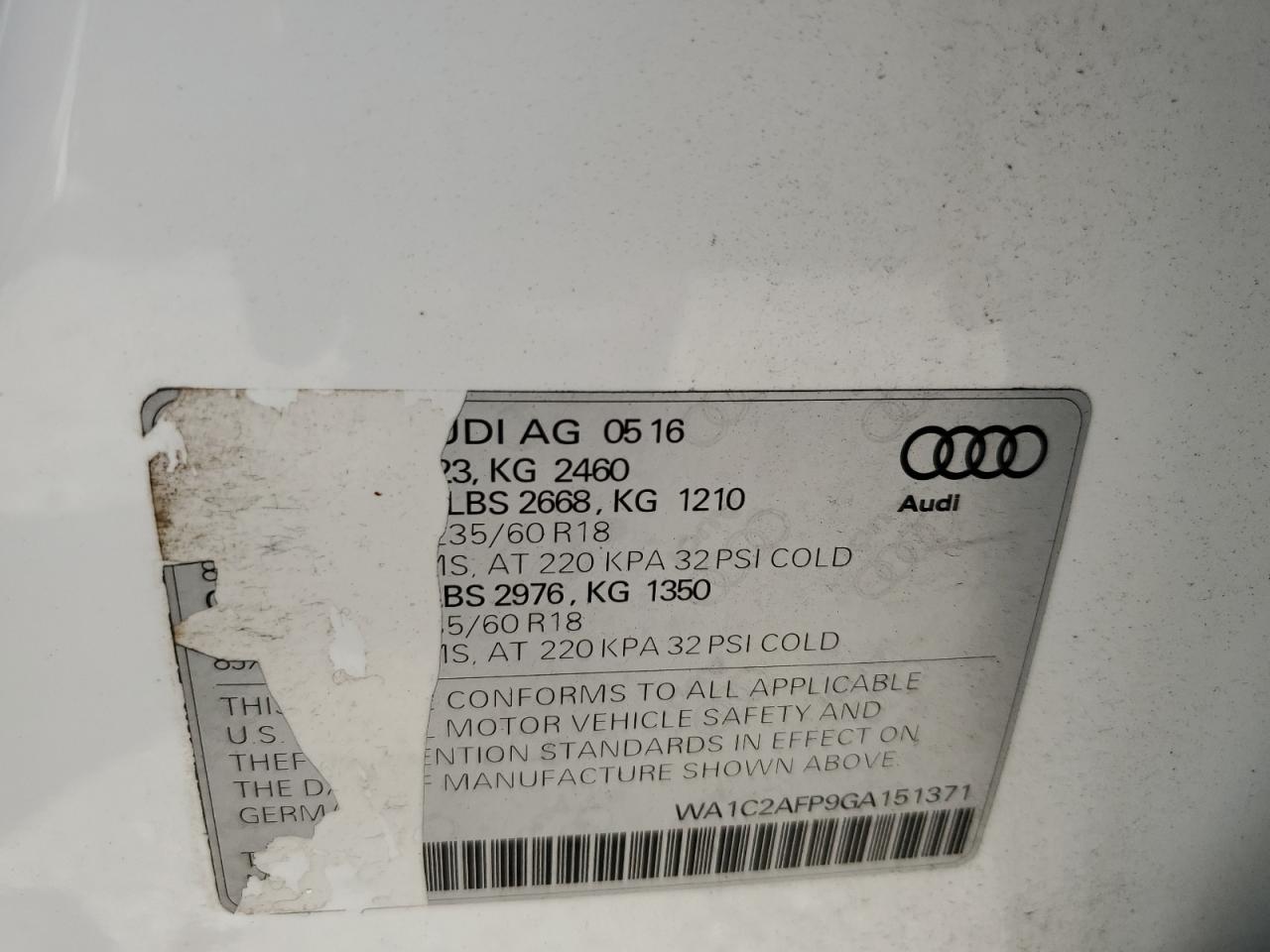 2016 Audi Q5 Premium VIN: WA1C2AFP9GA151371 Lot: 85896005