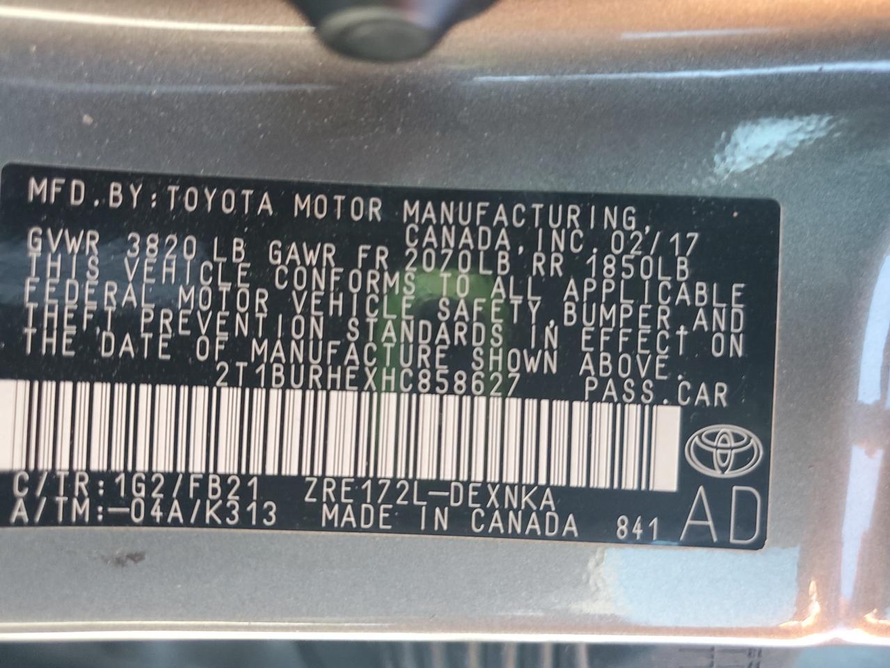 2017 Toyota Corolla L VIN: 2T1BURHEXHC858627 Lot: 85561845