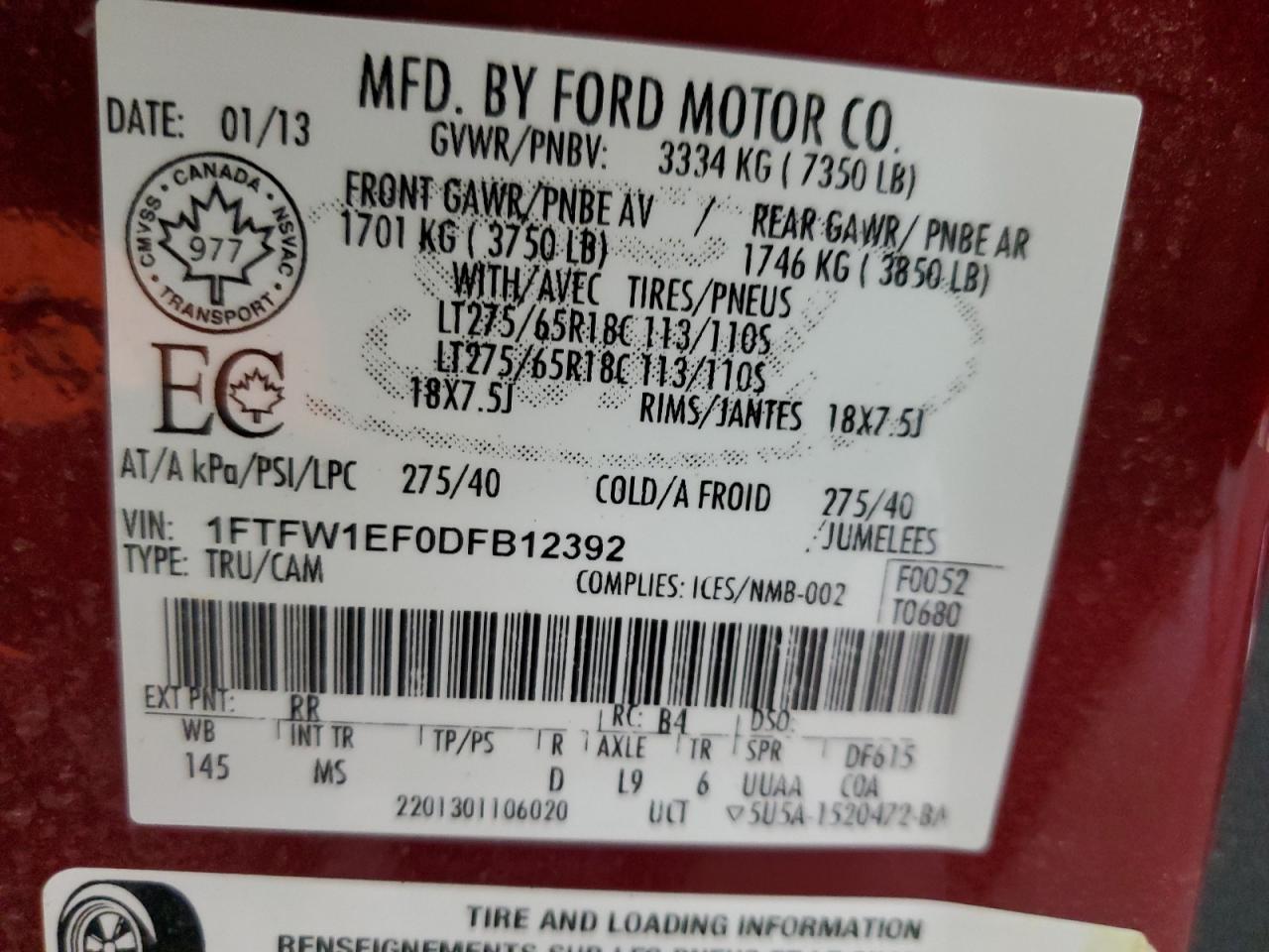 2013 Ford F150 Supercrew VIN: 1FTFW1EF0DFB12392 Lot: 82501835