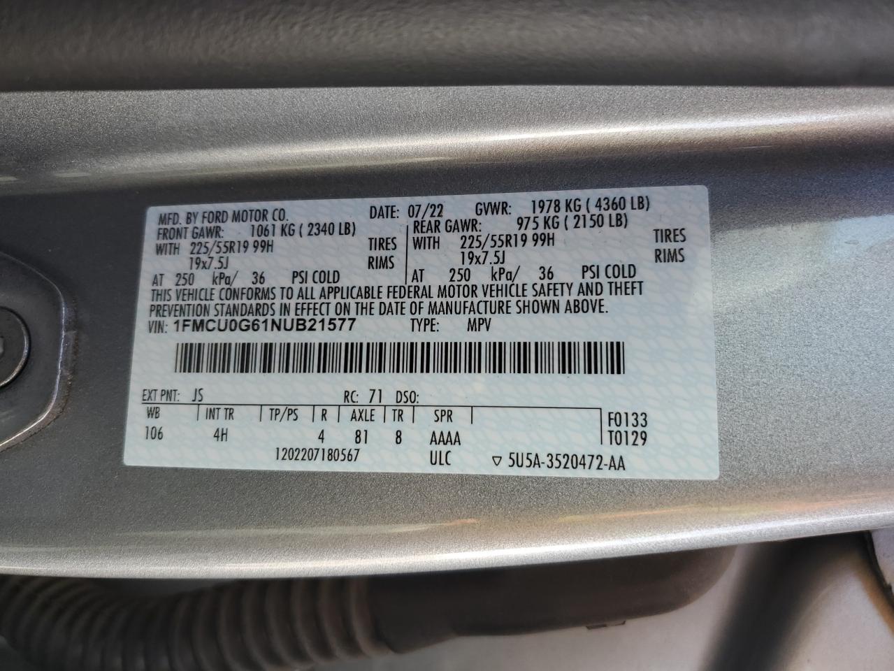 2022 Ford Escape Se VIN: 1FMCU0G61NUB21577 Lot: 81777735