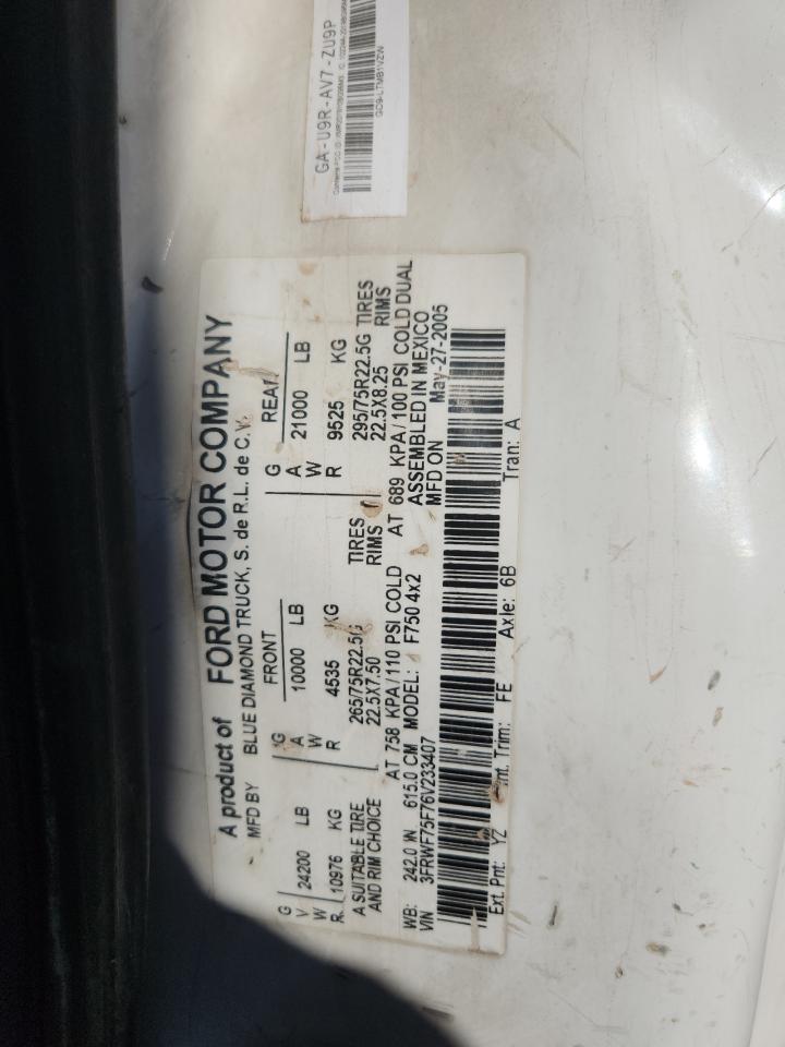 2006 Ford F750 Super Duty VIN: 3FRWF75F76V233407 Lot: 81089055