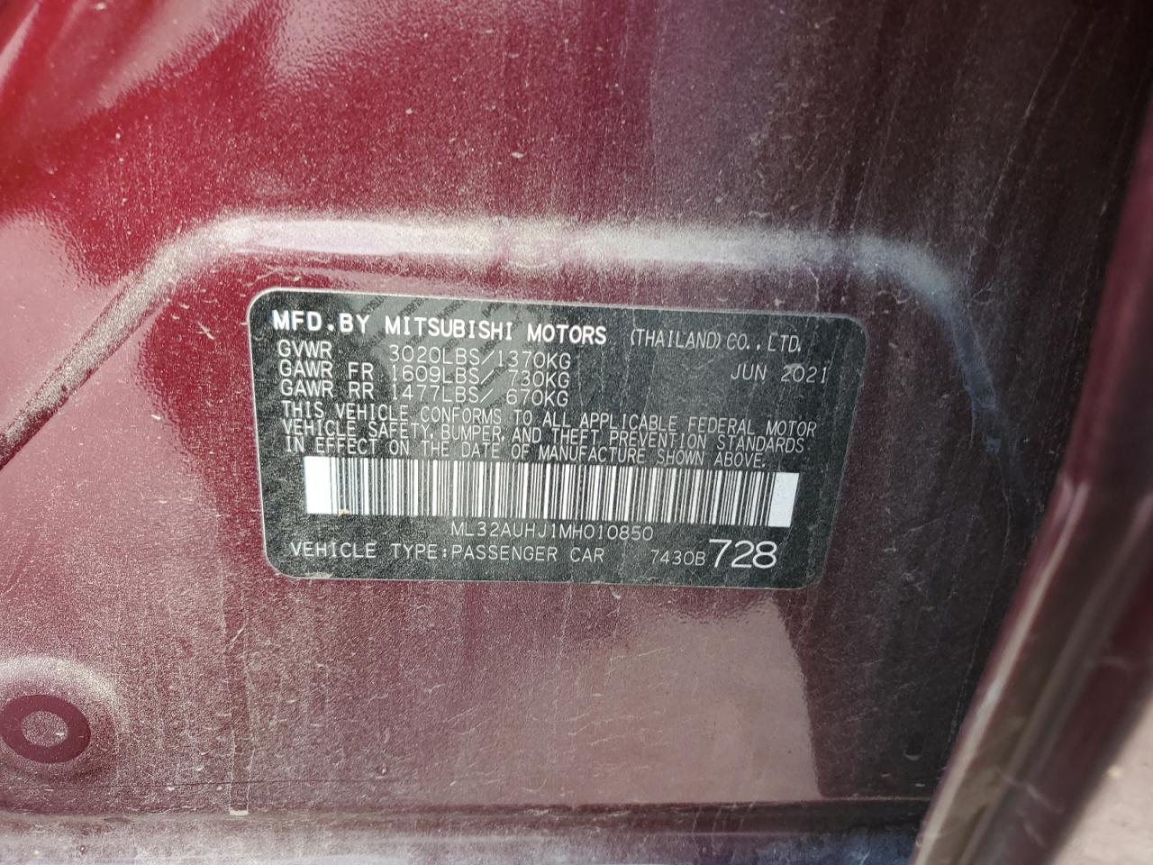 2021 Mitsubishi Mirage Es VIN: ML32AUHJ1MH010850 Lot: 89850935