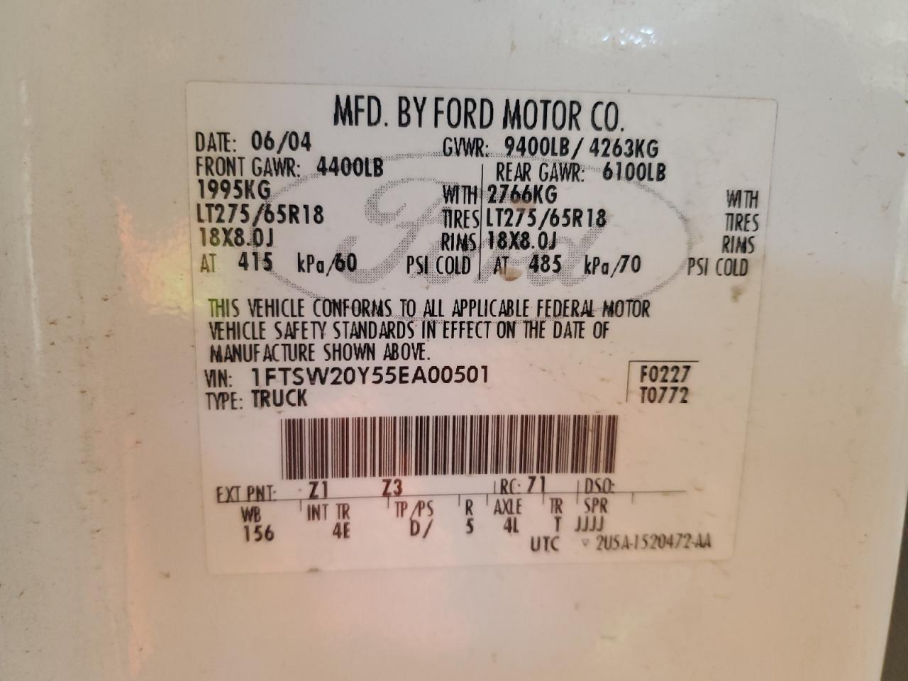 2005 Ford F250 Super Duty VIN: 1FTSW20Y55EA00501 Lot: 89909075