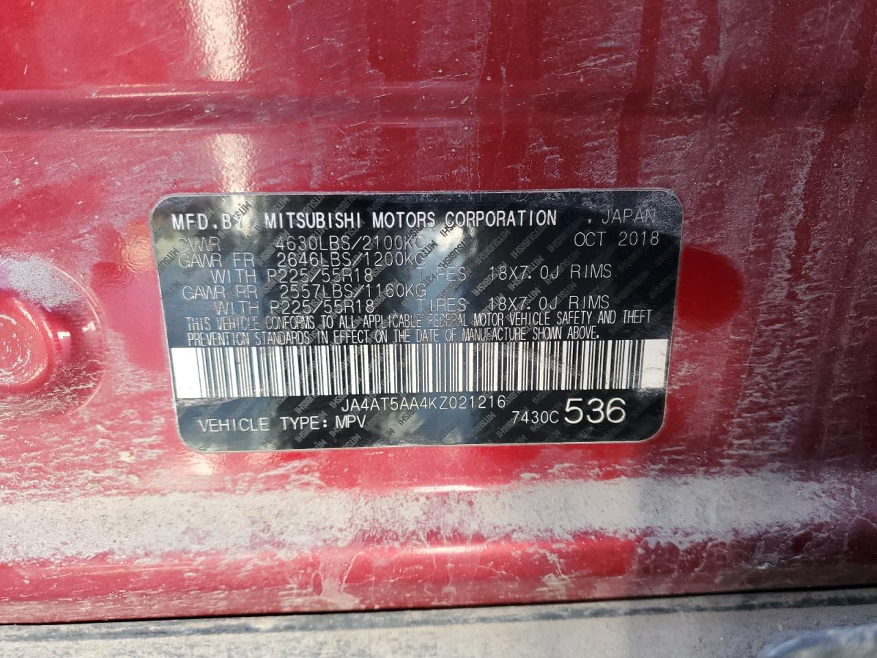 2019 Mitsubishi Eclipse Cross Se VIN: JA4AT5AA4KZ021216 Lot: 89674605