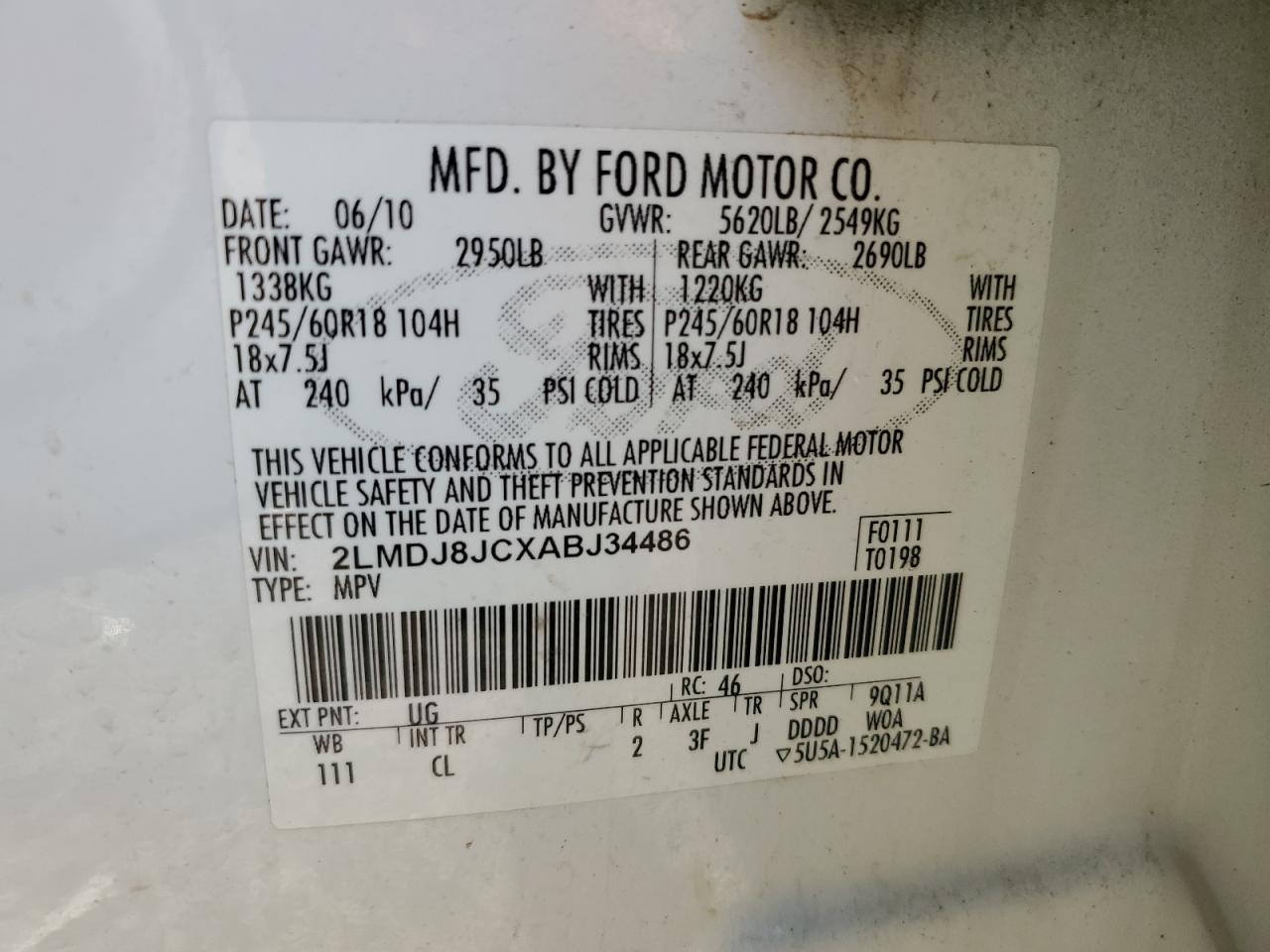 2010 Lincoln Mkx VIN: 2LMDJ8JCXABJ34486 Lot: 85707685