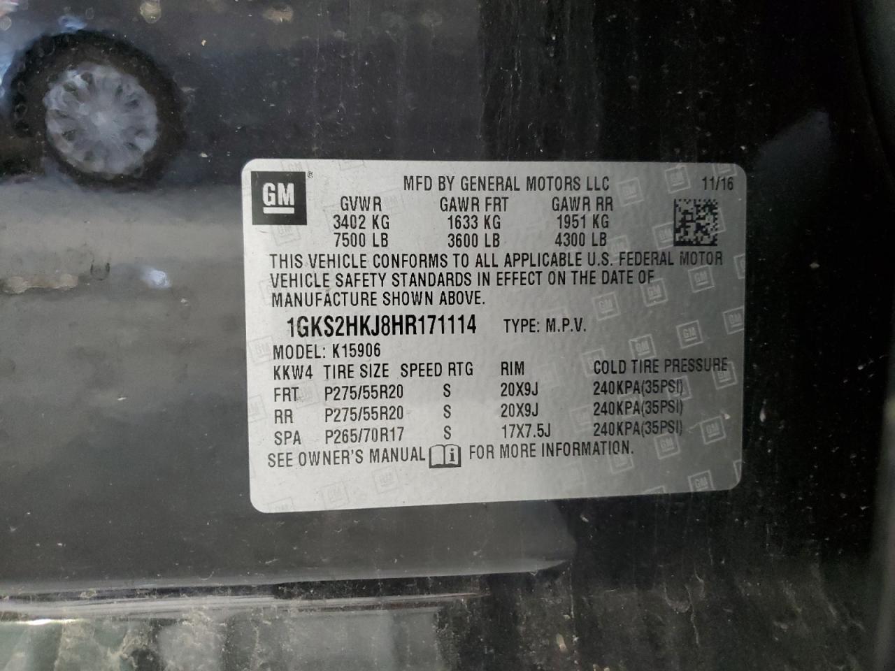 2017 GMC Yukon Xl Denali VIN: 1GKS2HKJ8HR171114 Lot: 82371045
