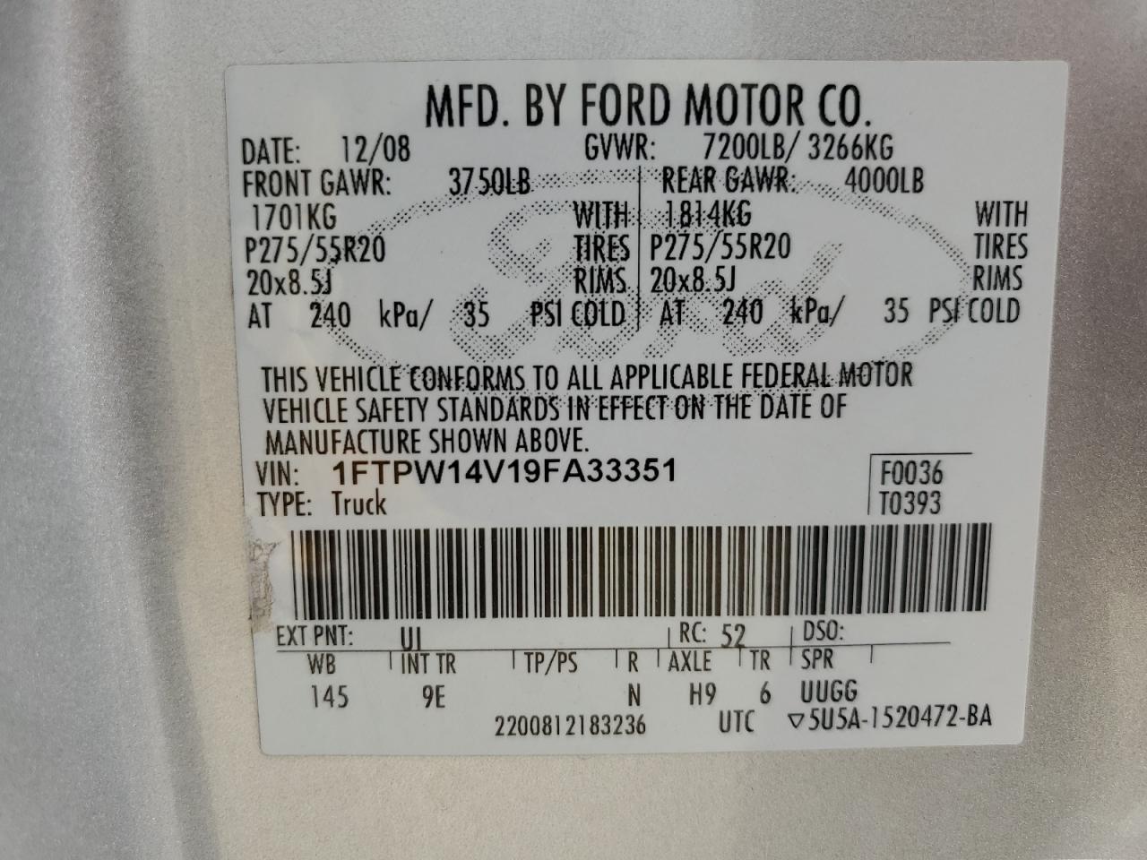 2009 Ford F150 Supercrew VIN: 1FTPW14V19FA33351 Lot: 87096955