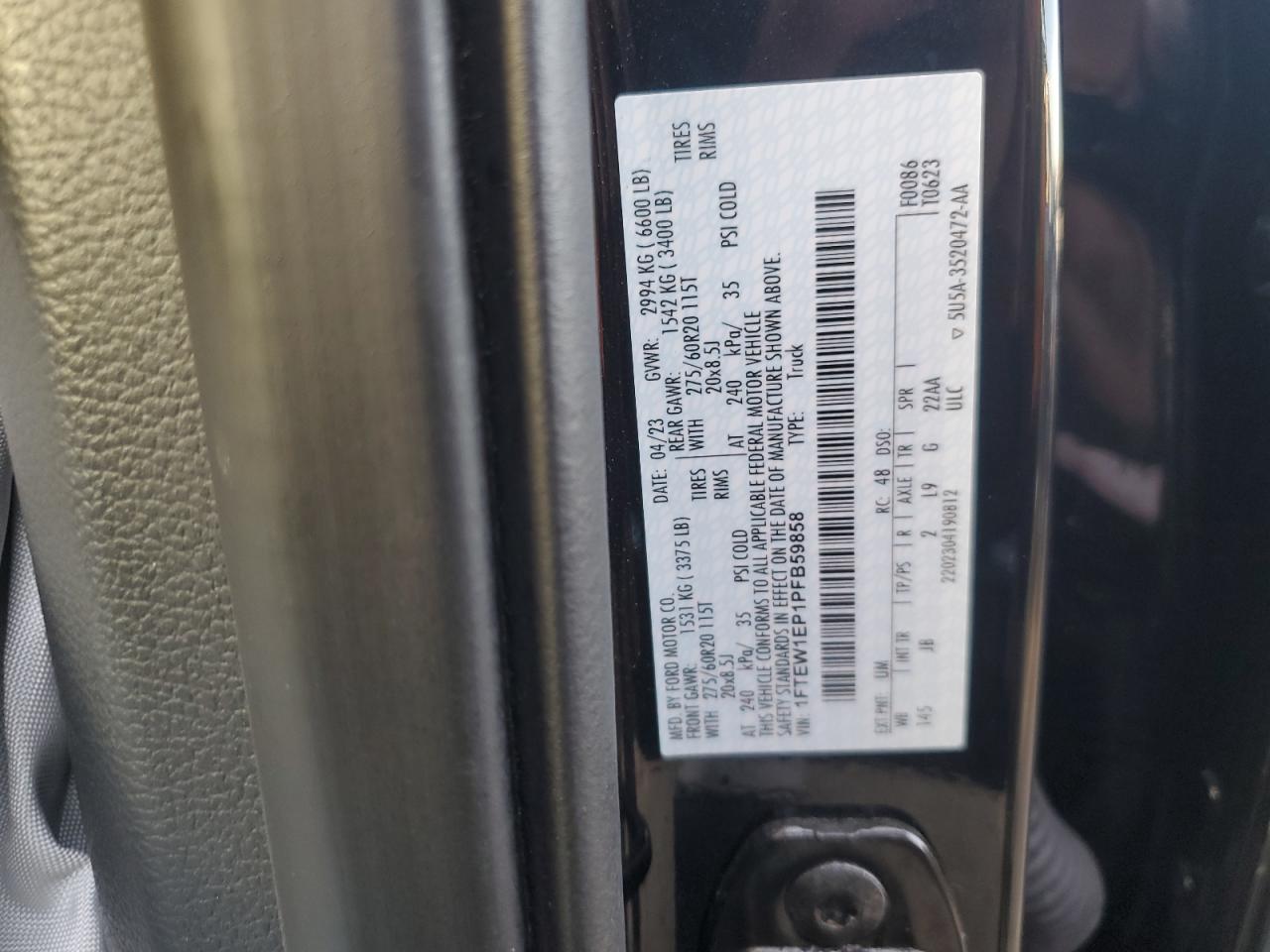 2023 Ford F150 Supercrew VIN: 1FTEW1EP1PFB59858 Lot: 84740455