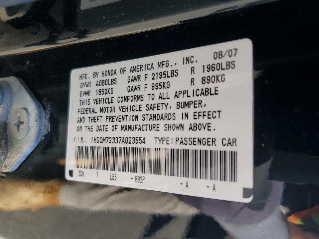 2007 Honda Accord Lx VIN: 1HGCM72337A023554 Lot: 85262625