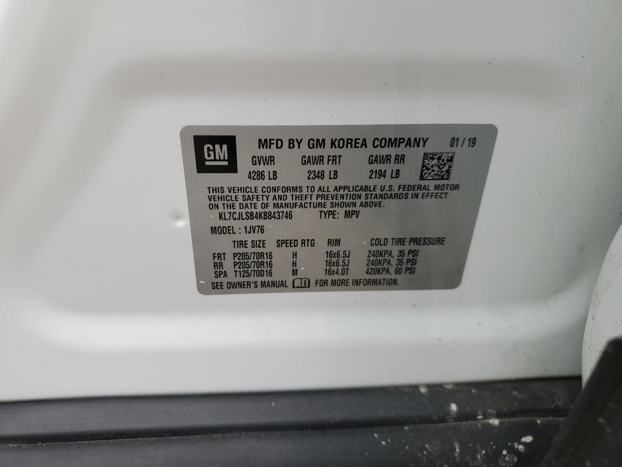 2019 Chevrolet Trax 1Lt VIN: KL7CJLSB4KB843746 Lot: 90295115