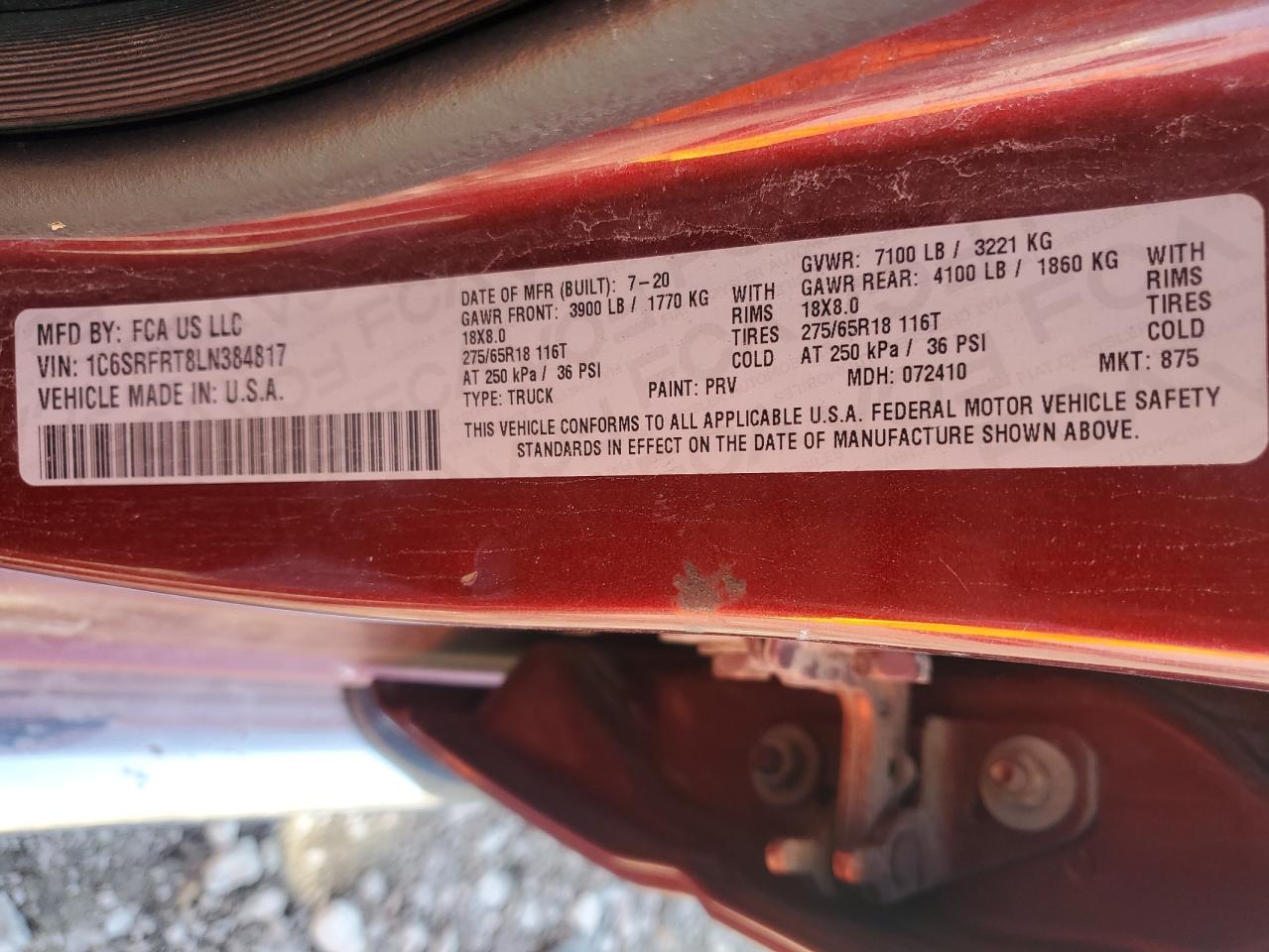 2020 Ram 1500 Laramie VIN: 1C6SRFRT8LN384817 Lot: 87466055