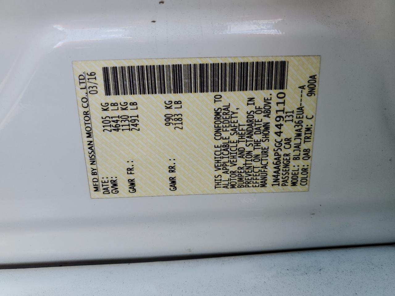 2016 Nissan Maxima 3.5S VIN: 1N4AA6AP5GC449110 Lot: 89575725