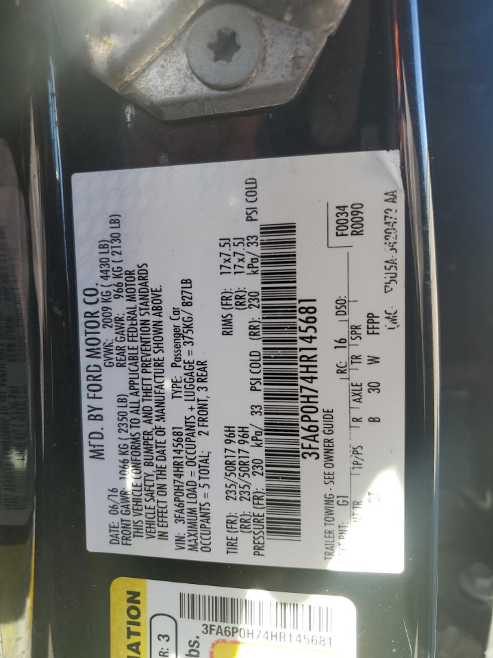 2017 Ford Fusion Se VIN: 3FA6P0H74HR145681 Lot: 87182415