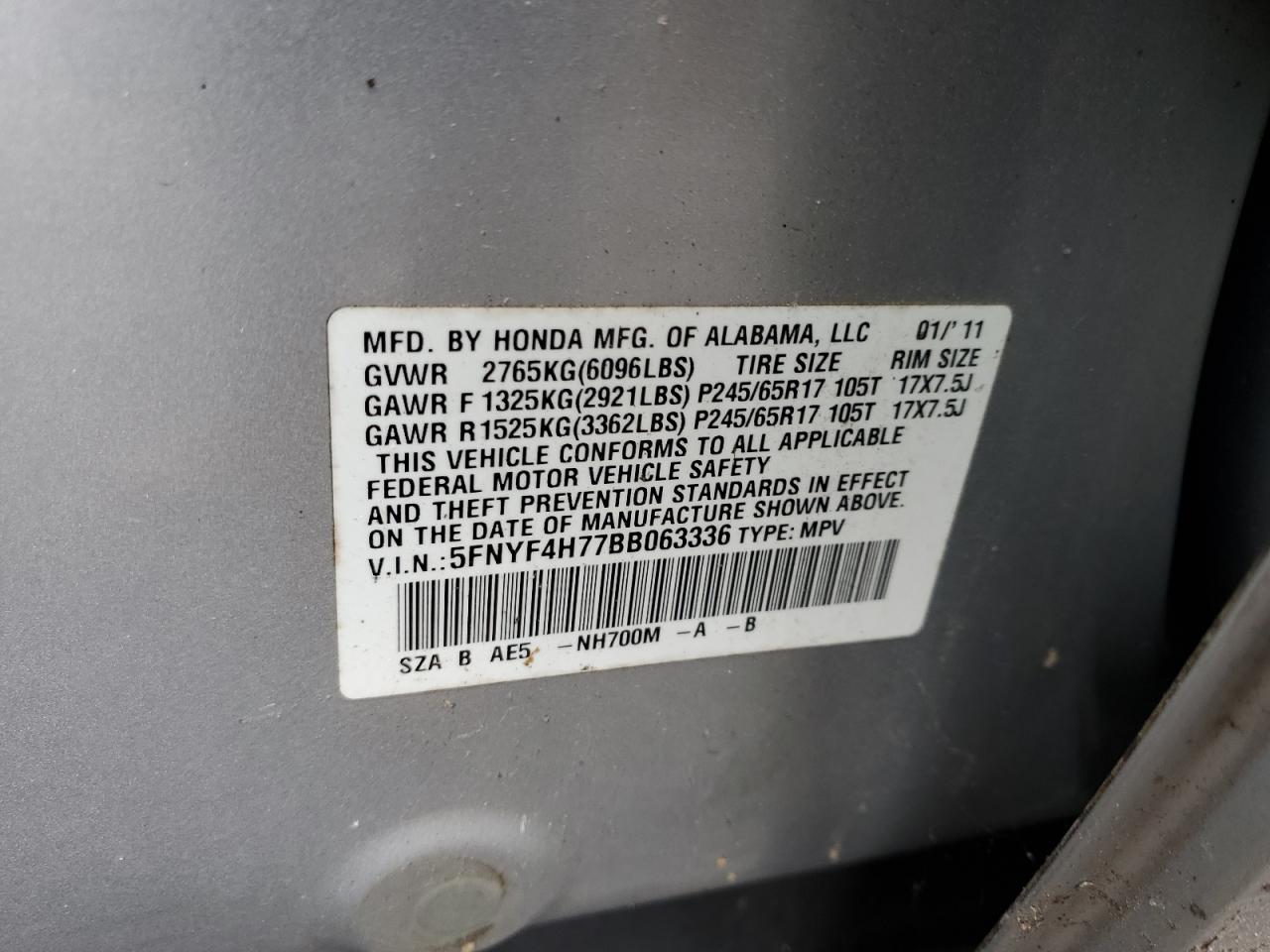 2011 Honda Pilot Exln VIN: 5FNYF4H77BB063336 Lot: 85936115