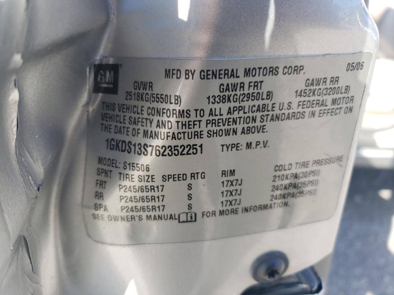 2006 GMC Envoy VIN: 1GKDS13S762352251 Lot: 85146285