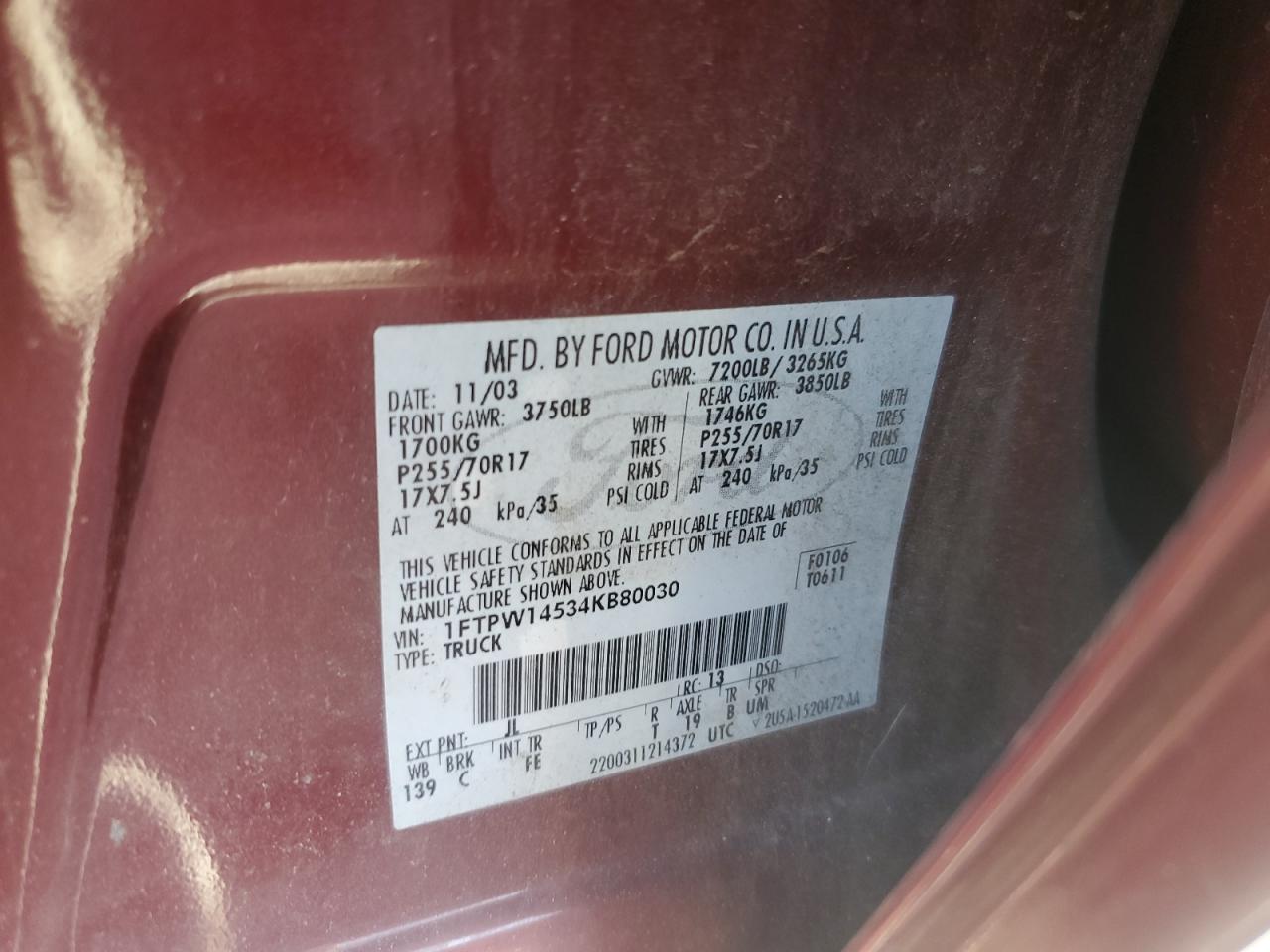 2004 Ford F150 Supercrew VIN: 1FTPW14534KB80030 Lot: 86856675