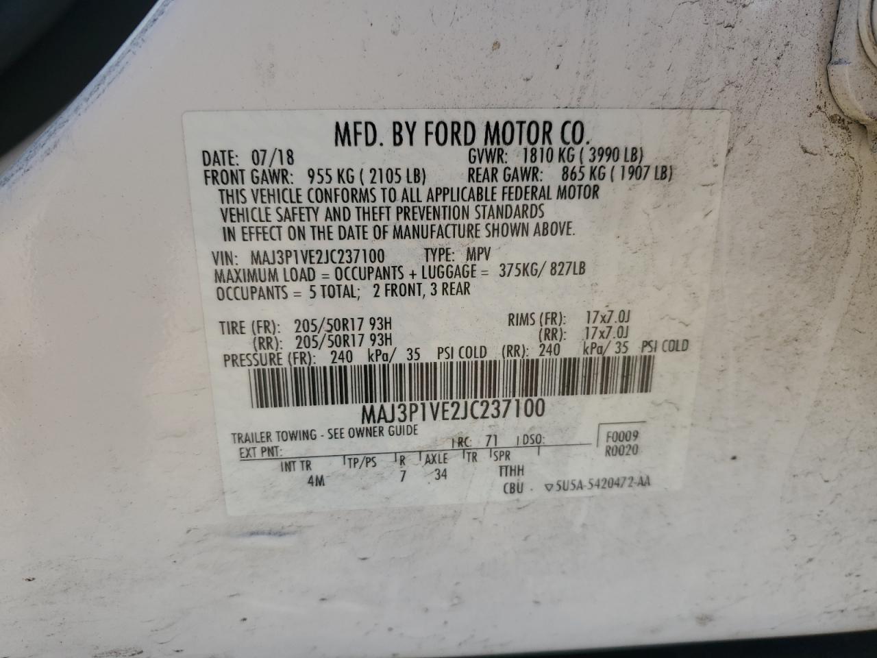 2018 Ford Ecosport Titanium VIN: MAJ3P1VE2JC237100 Lot: 87310865