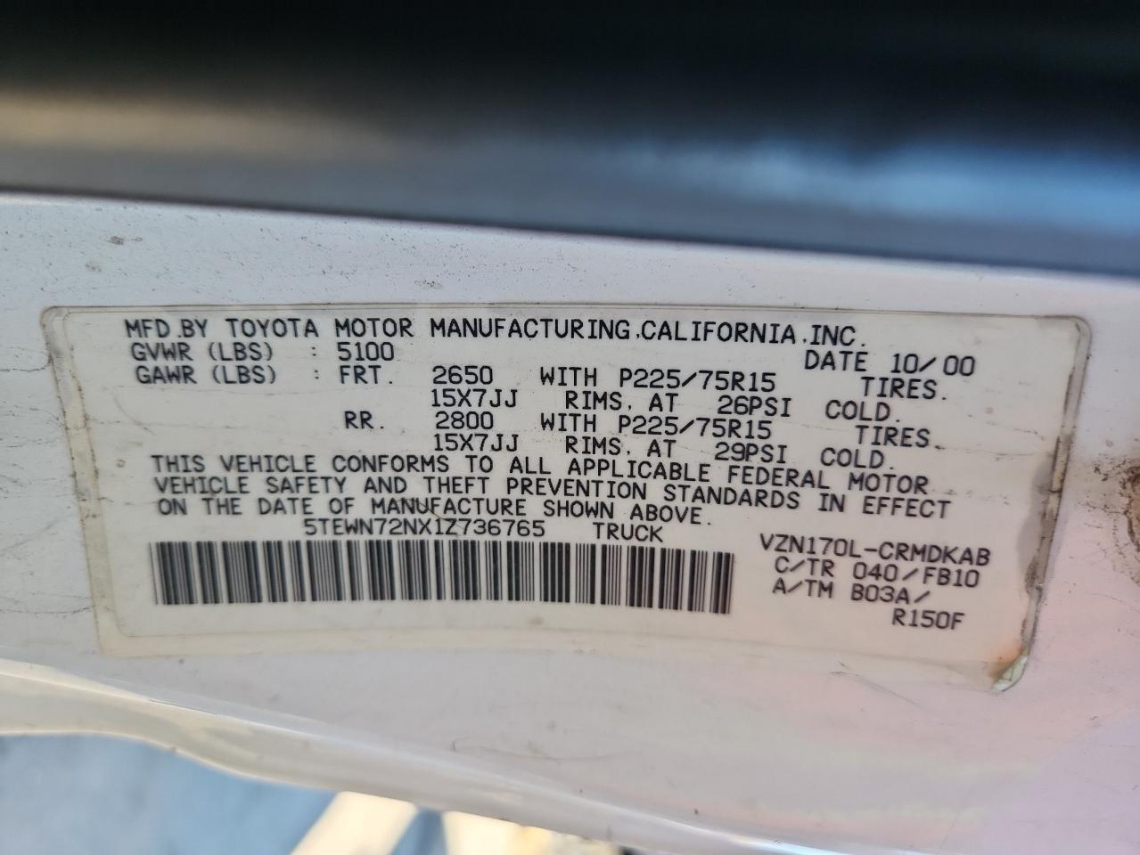 2001 Toyota Tacoma Xtracab VIN: 5TEWN72NX1Z736765 Lot: 91085105