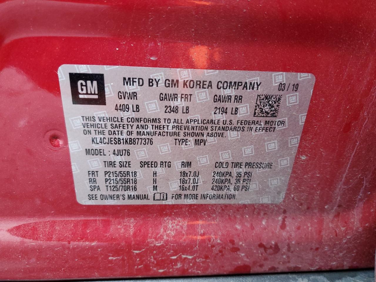 2019 Buick Encore Preferred VIN: KL4CJESB1KB877376 Lot: 90517855