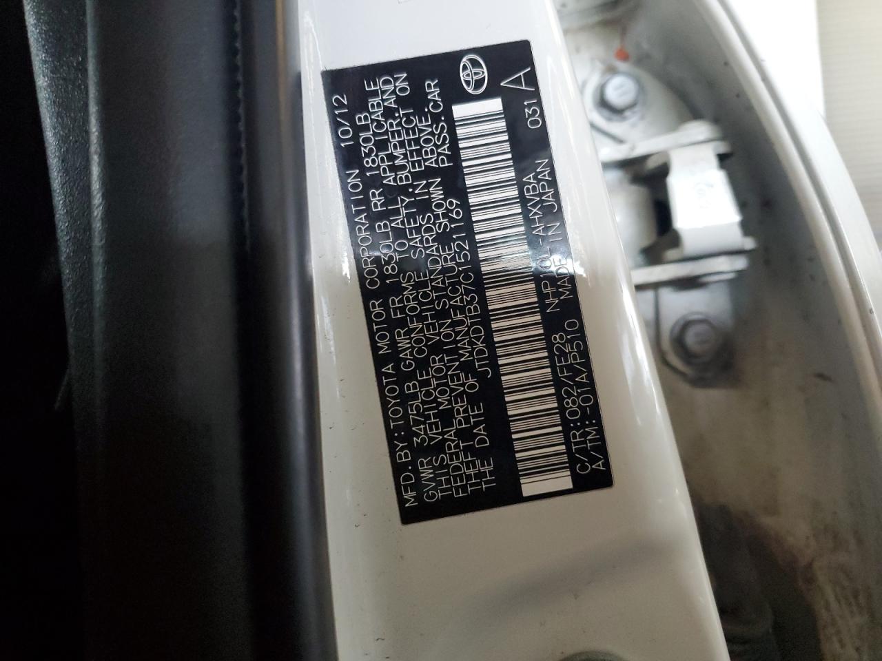 2012 Toyota Prius C VIN: JTDKDTB37C1521169 Lot: 82318165