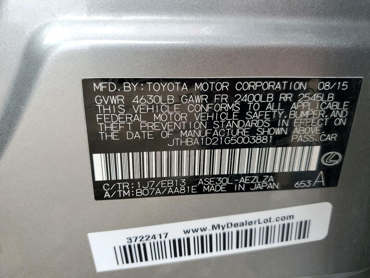 2016 Lexus Is 200T VIN: JTHBA1D21G5003881 Lot: 89470995