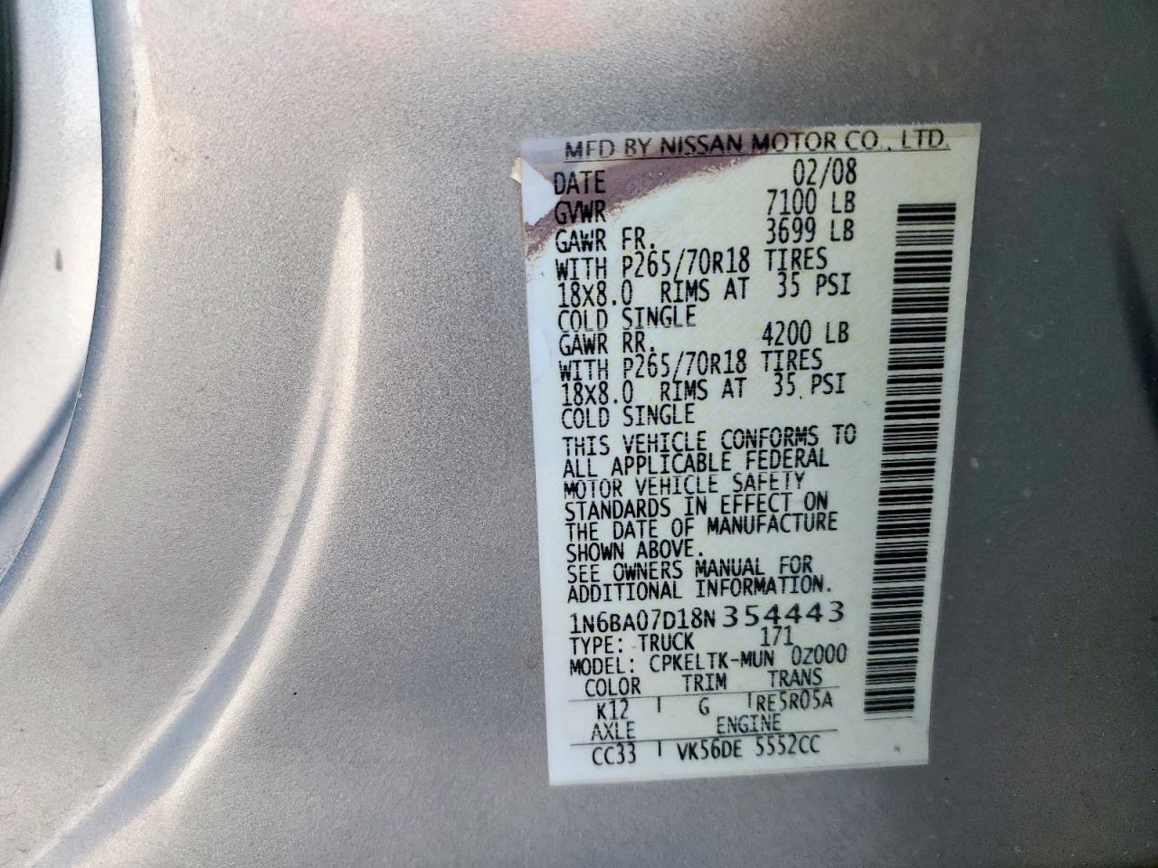 2008 Nissan Titan Xe VIN: 1N6BA07D18N354443 Lot: 86214305