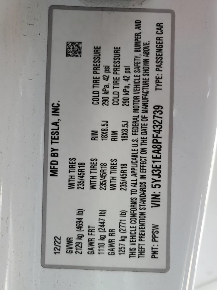 2023 Tesla Model 3 VIN: 5YJ3E1EA8PF432739 Lot: 86113115